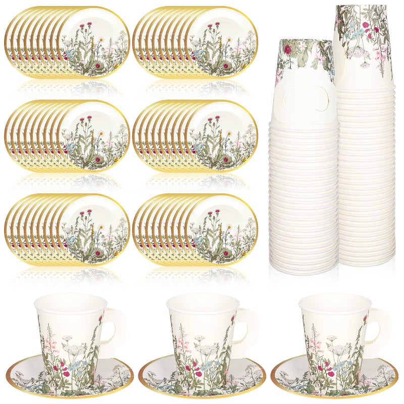 Whaline 80 Pcs Tea Party Supplies 9 oz Wildflower Paper Tea Cups with Handle and Plates Disposable Vintage Floral Teacups and Saucers Set for Spring Party Wedding Bridal Baby Shower Mother's Day Decor - Image 1