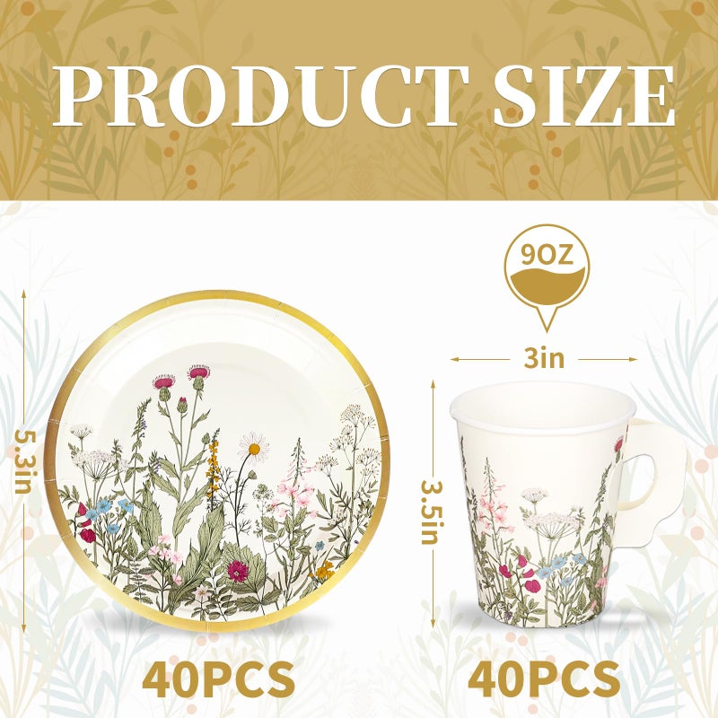 Whaline 80 Pcs Tea Party Supplies 9 oz Wildflower Paper Tea Cups with Handle and Plates Disposable Vintage Floral Teacups and Saucers Set for Spring Party Wedding Bridal Baby Shower Mother's Day Decor - Image 2
