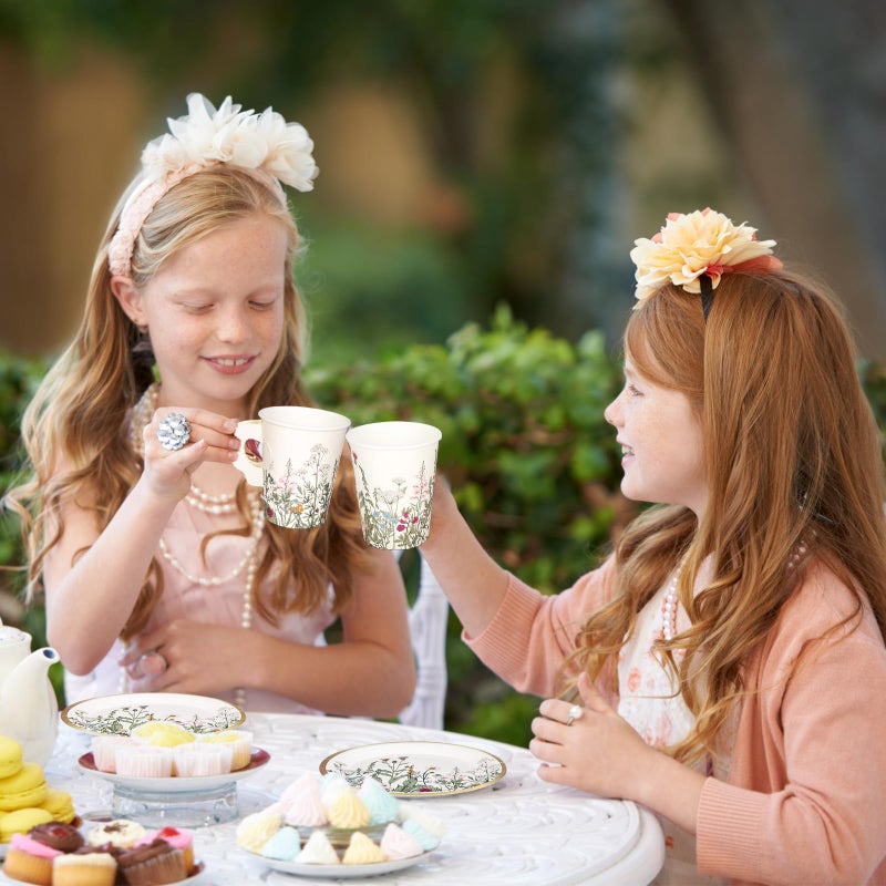 Whaline 80 Pcs Tea Party Supplies 9 oz Wildflower Paper Tea Cups with Handle and Plates Disposable Vintage Floral Teacups and Saucers Set for Spring Party Wedding Bridal Baby Shower Mother's Day Decor - Image 5