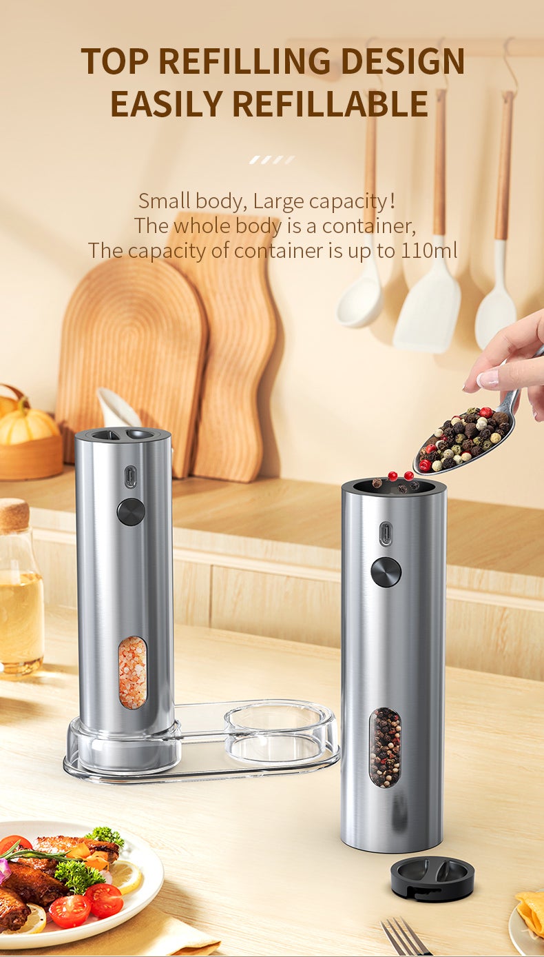 Pepper Grinder or Salt Mill, Automatic Pepper Mill, Ceramic Grinder with Adjustable Coarseness,Electric Grinder - KYMQ-67A-BS(2-Pack) - Image 4