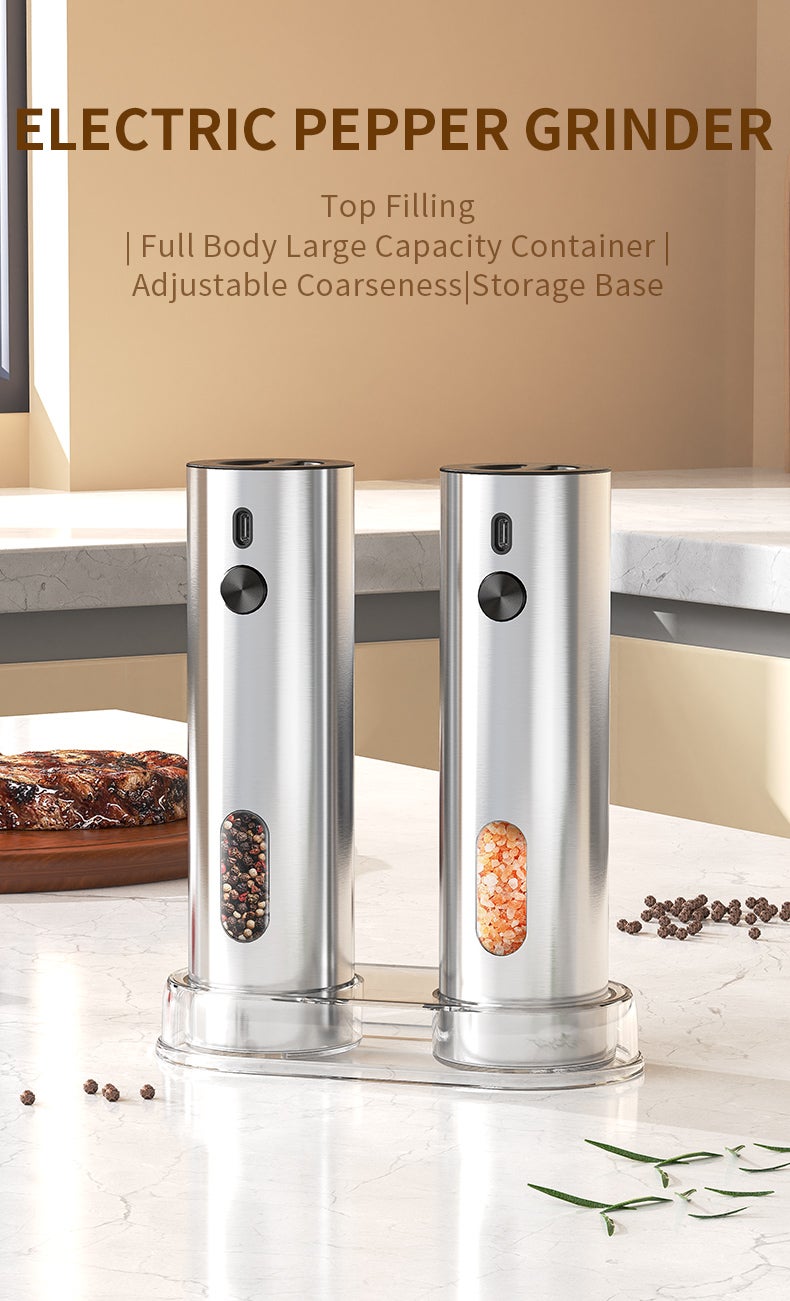 Pepper Grinder or Salt Mill, Automatic Pepper Mill, Ceramic Grinder with Adjustable Coarseness,Electric Grinder - KYMQ-67A-BS(2-Pack) - Image 2