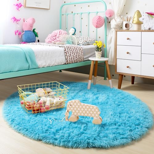 Amdrebio Blue Round Rug 5Ft for Bedroom, Washable Fluffy Circle Area Rugs for Kids Room Baby Nursery Playroom, Living Room Decor Aesthetic, Plush Shaggy Fuzzy Turquoise Carpet for Apartment Preppy Classroom - Image 5