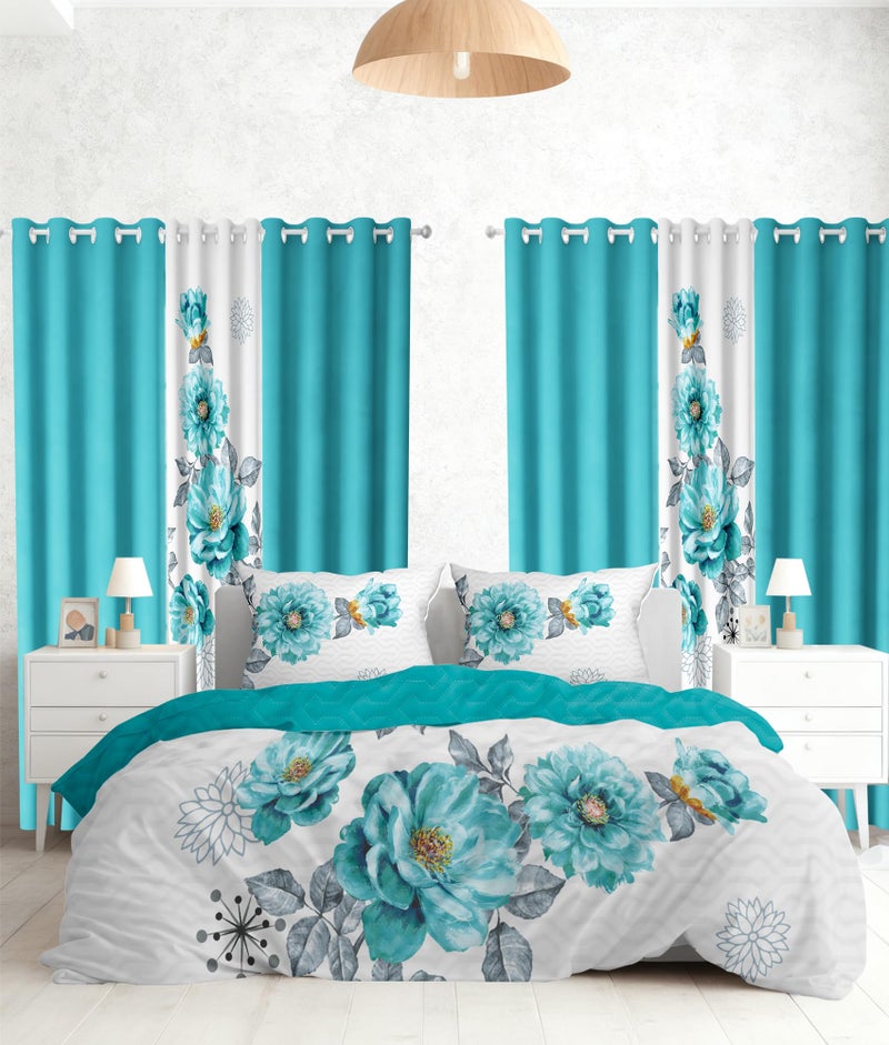 Reylox 9 Pcs Queen Bed in a Bag with Curtains | Teal Floral Bedspread, 2 Pillowcases, 2 Print & 4 Solid Curtains | Microfiber, Silky Soft | queen comforter set with curtains, king size comforter - Image 1