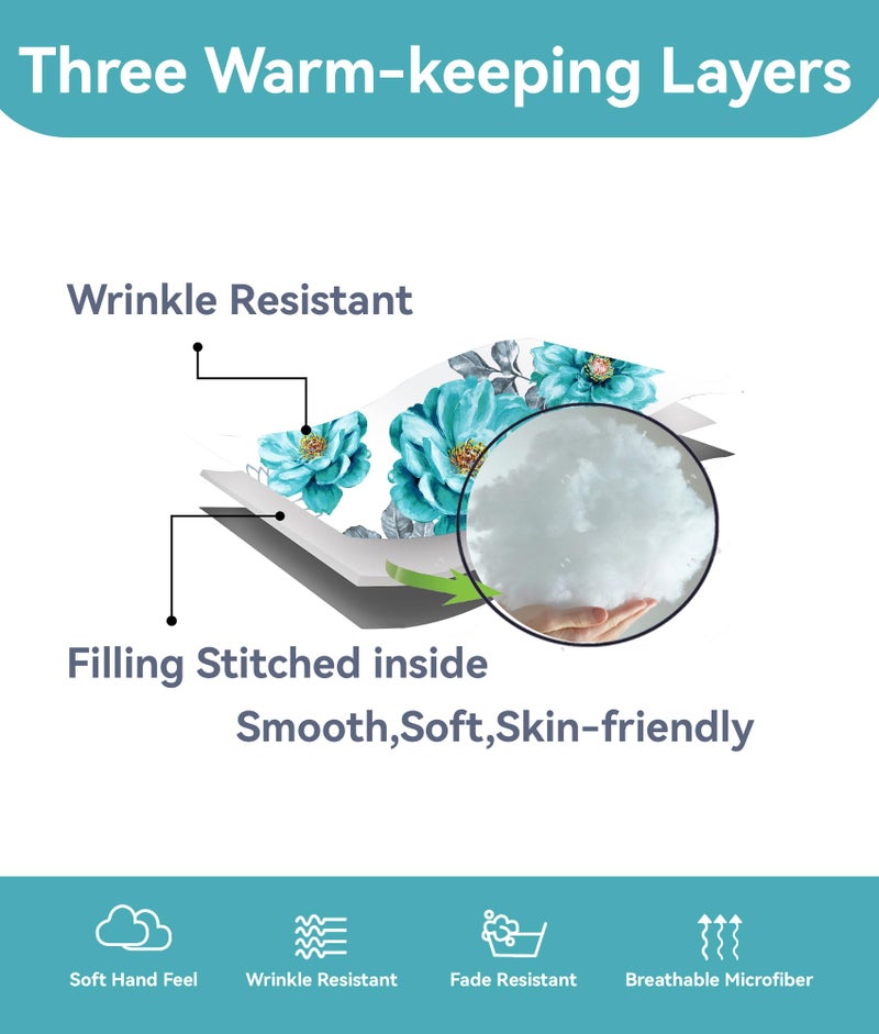 Reylox 9 Pcs Queen Bed in a Bag with Curtains | Teal Floral Bedspread, 2 Pillowcases, 2 Print & 4 Solid Curtains | Microfiber, Silky Soft | queen comforter set with curtains, king size comforter - Image 5