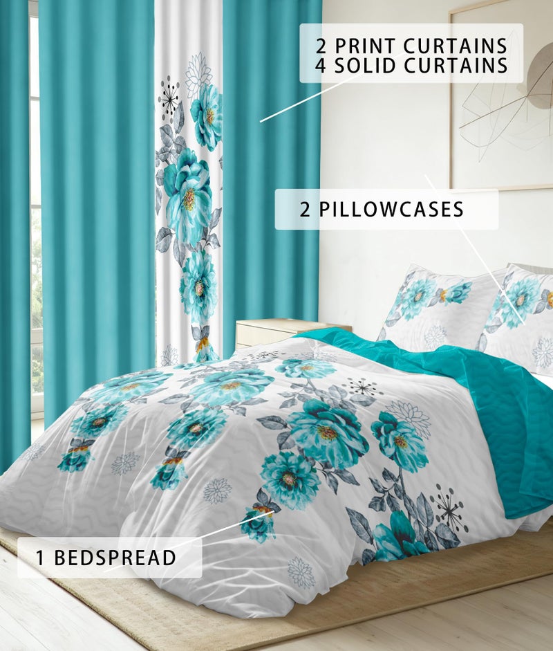 Reylox 9 Pcs Queen Bed in a Bag with Curtains | Teal Floral Bedspread, 2 Pillowcases, 2 Print & 4 Solid Curtains | Microfiber, Silky Soft | queen comforter set with curtains, king size comforter - Image 3