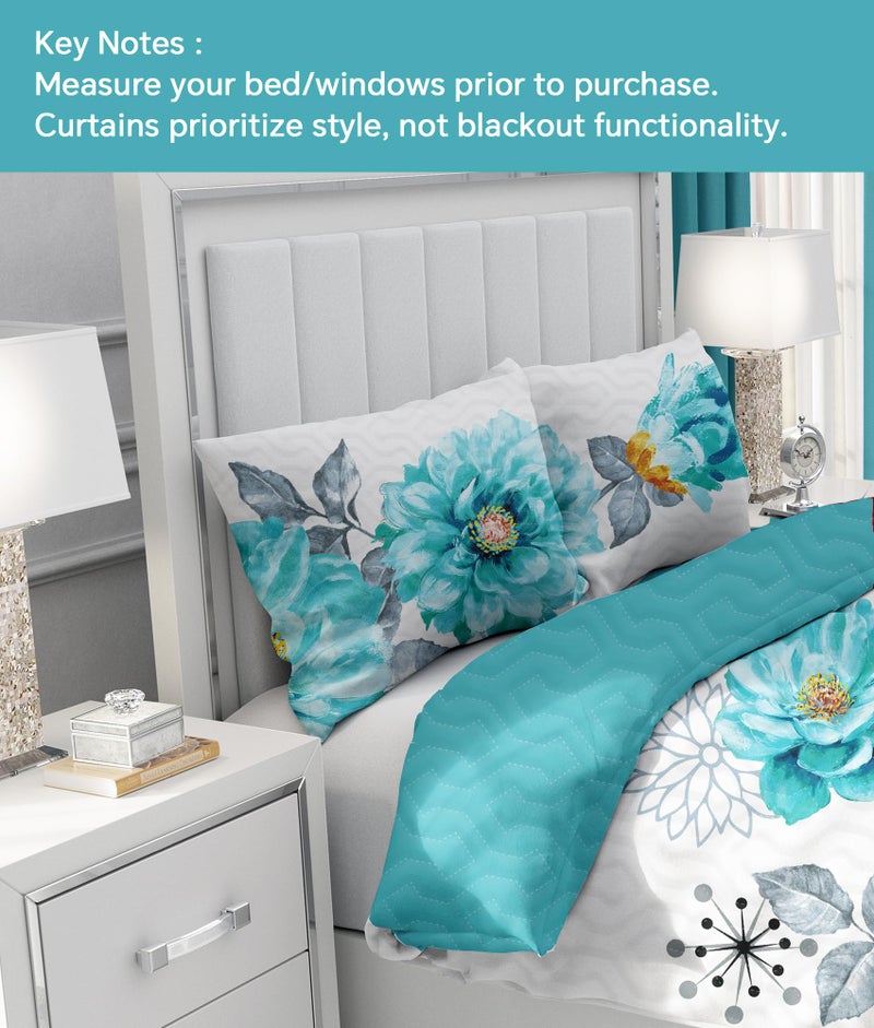 Reylox 9 Pcs Queen Bed in a Bag with Curtains | Teal Floral Bedspread, 2 Pillowcases, 2 Print & 4 Solid Curtains | Microfiber, Silky Soft | queen comforter set with curtains, king size comforter - Image 2