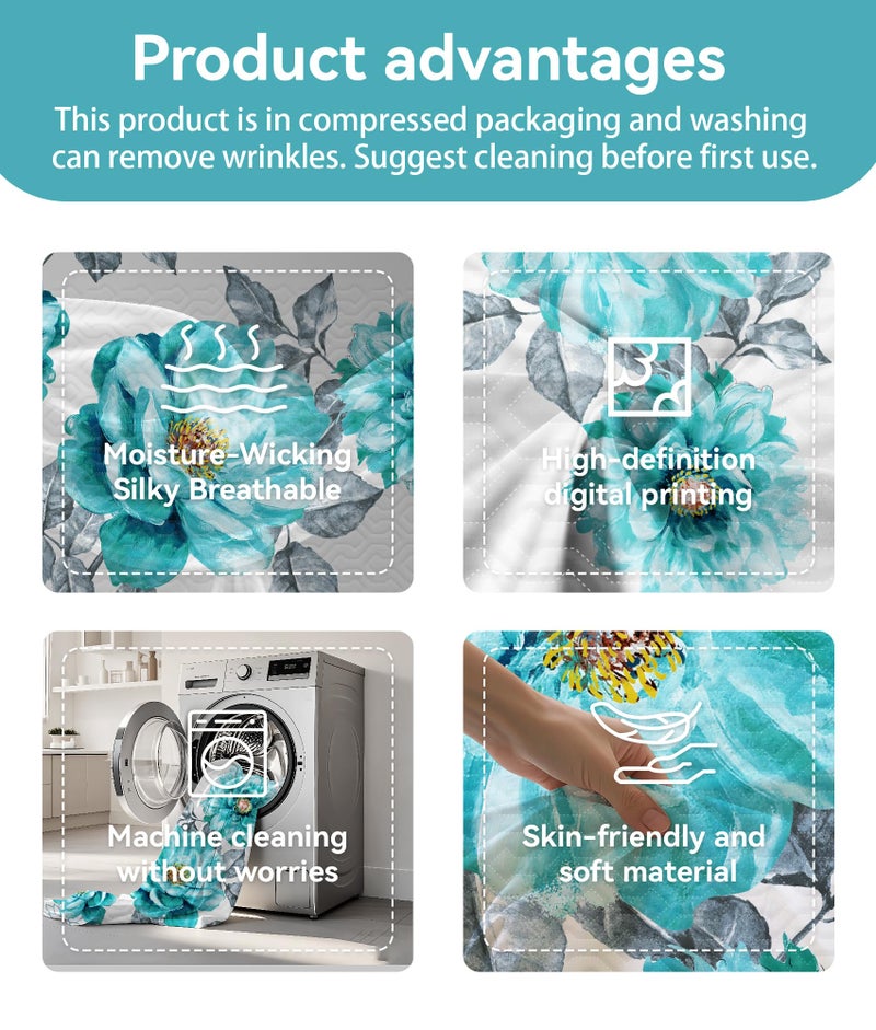 Reylox 9 Pcs Queen Bed in a Bag with Curtains | Teal Floral Bedspread, 2 Pillowcases, 2 Print & 4 Solid Curtains | Microfiber, Silky Soft | queen comforter set with curtains, king size comforter - Image 4