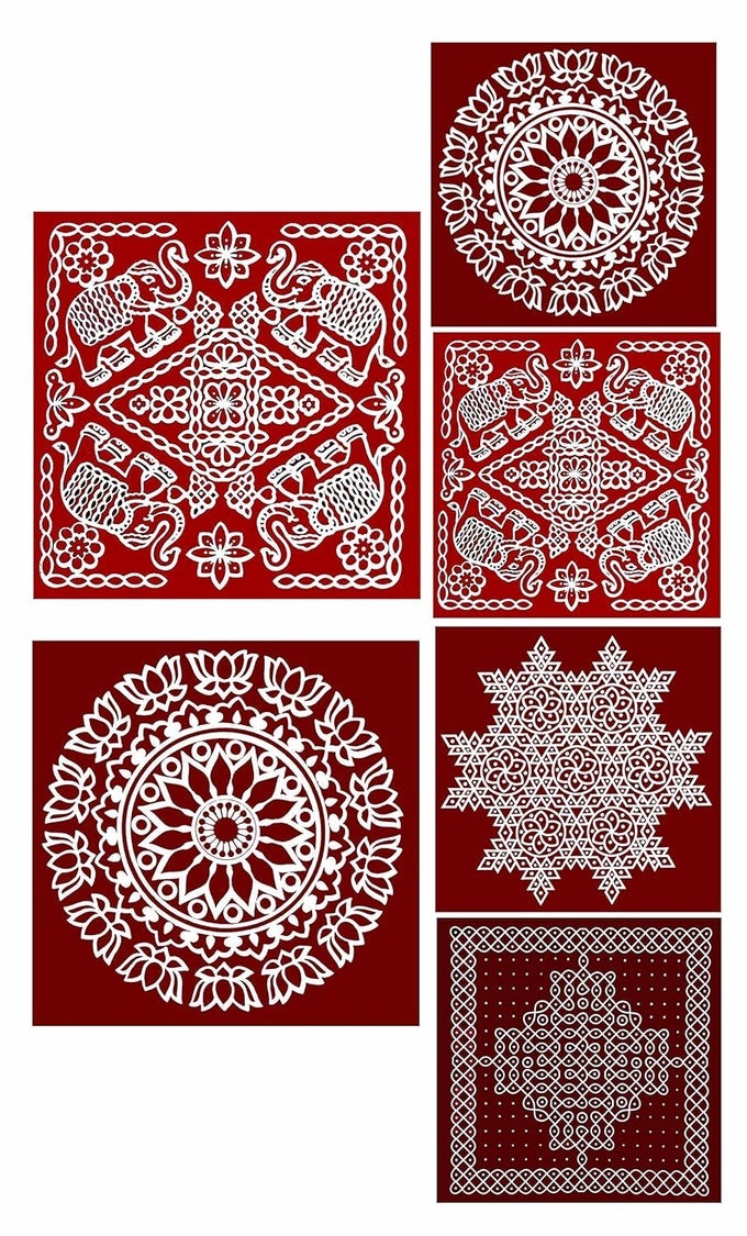 RANGOLIKOLAM STICKER TRADITIONAL HANDMADE KOLAM ARTDESIGN STICKER FOR POOJA ROOM HOME ENTRANCE TILE FLOOR MEROONMODAL MS4MM2 PACK OF SMALL MEDIUM 6PCS