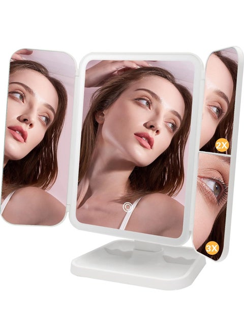 3 Folds Lighted Makeup Mirror, 5X/3X/1X Magnification, 52 LED Vanity Makeup Mirror, Touch Screen Control and 180 Degree Adjustable Rotation of Portable Countertop Cosmetic Mirror