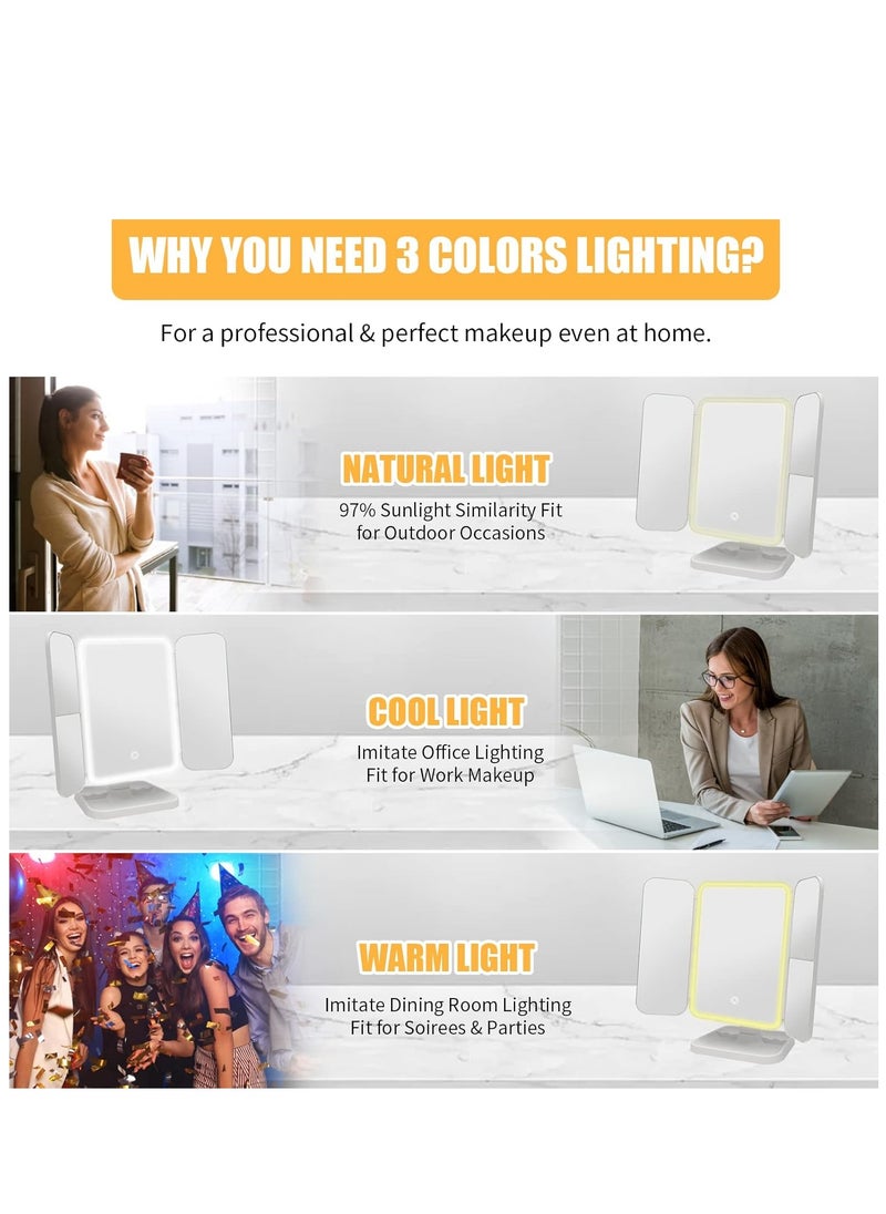 3 Folds Lighted Makeup Mirror, 5X/3X/1X Magnification, 52 LED Vanity Makeup Mirror, Touch Screen Control and 180 Degree Adjustable Rotation of Portable Countertop Cosmetic Mirror