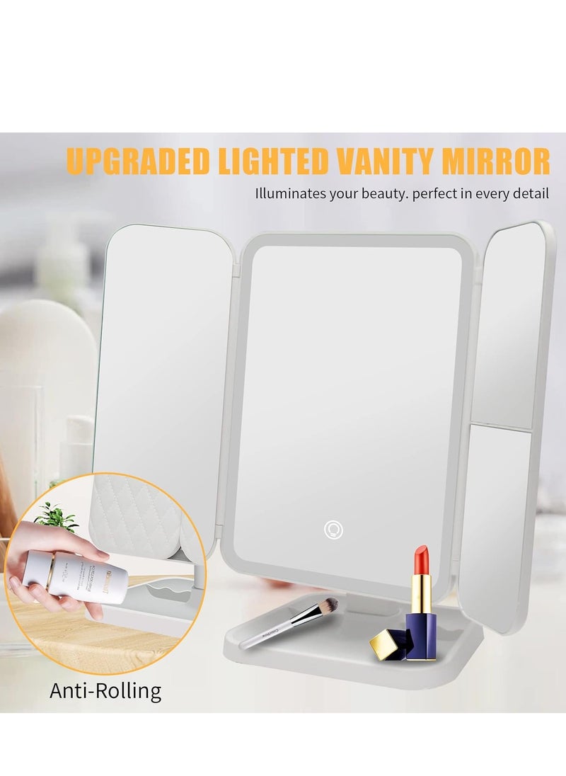 3 Folds Lighted Makeup Mirror, 5X/3X/1X Magnification, 52 LED Vanity Makeup Mirror, Touch Screen Control and 180 Degree Adjustable Rotation of Portable Countertop Cosmetic Mirror