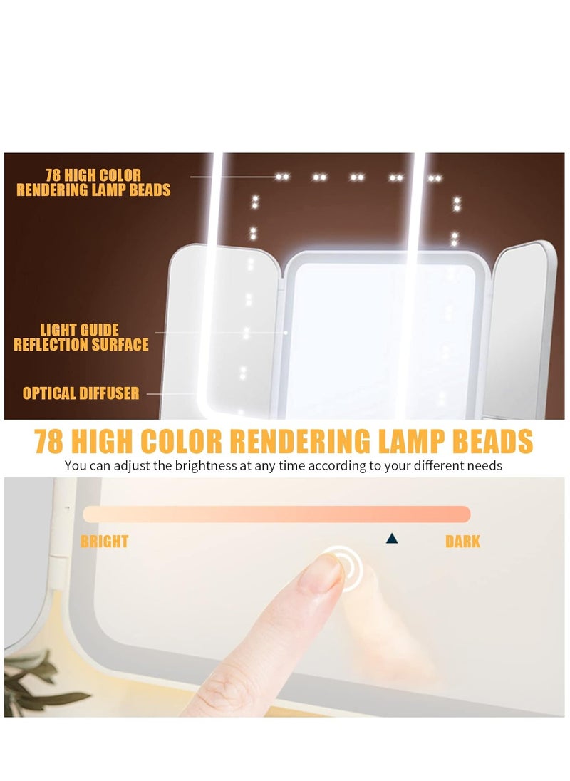 3 Folds Lighted Makeup Mirror, 5X/3X/1X Magnification, 52 LED Vanity Makeup Mirror, Touch Screen Control and 180 Degree Adjustable Rotation of Portable Countertop Cosmetic Mirror