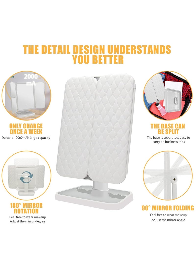 3 Folds Lighted Makeup Mirror, 5X/3X/1X Magnification, 52 LED Vanity Makeup Mirror, Touch Screen Control and 180 Degree Adjustable Rotation of Portable Countertop Cosmetic Mirror