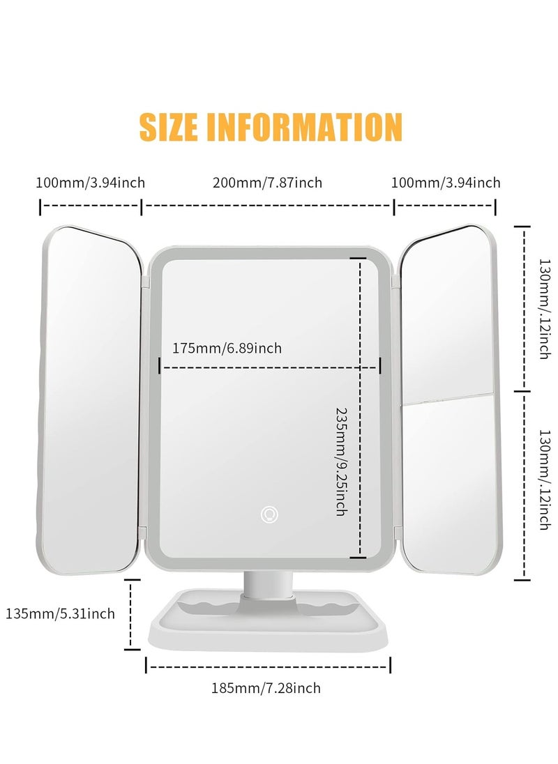 3 Folds Lighted Makeup Mirror, 5X/3X/1X Magnification, 52 LED Vanity Makeup Mirror, Touch Screen Control and 180 Degree Adjustable Rotation of Portable Countertop Cosmetic Mirror