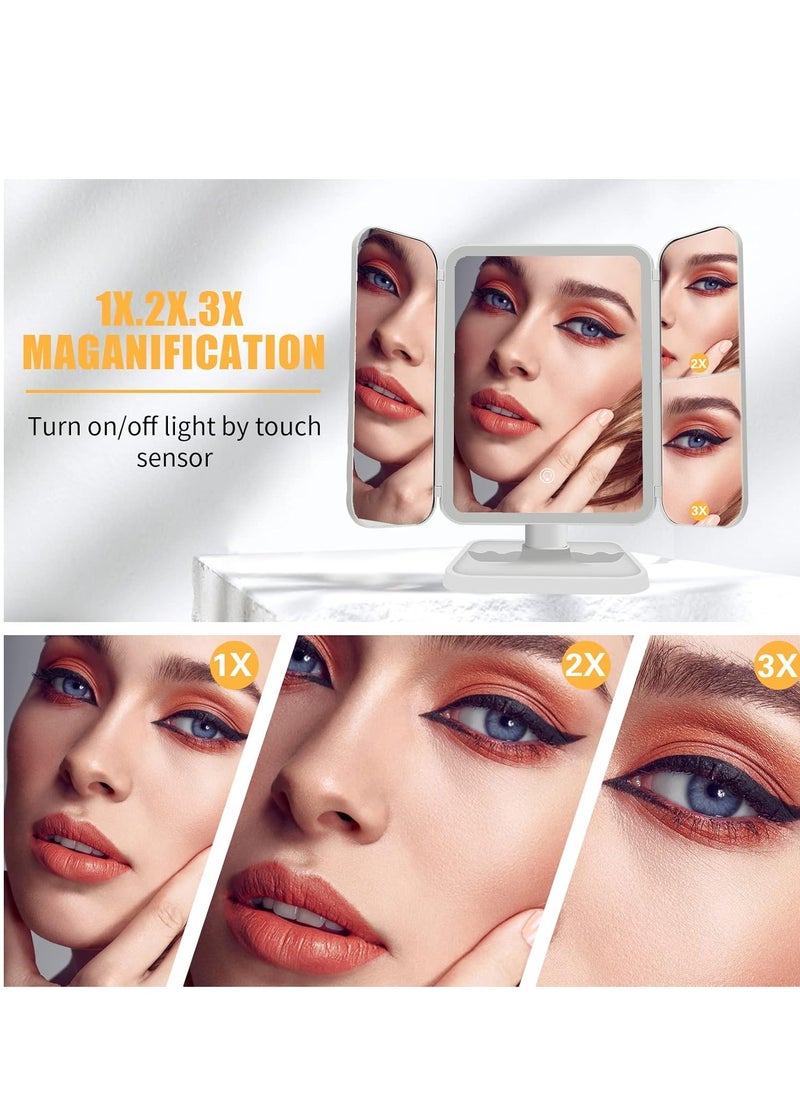 3 Folds Lighted Makeup Mirror, 5X/3X/1X Magnification, 52 LED Vanity Makeup Mirror, Touch Screen Control and 180 Degree Adjustable Rotation of Portable Countertop Cosmetic Mirror