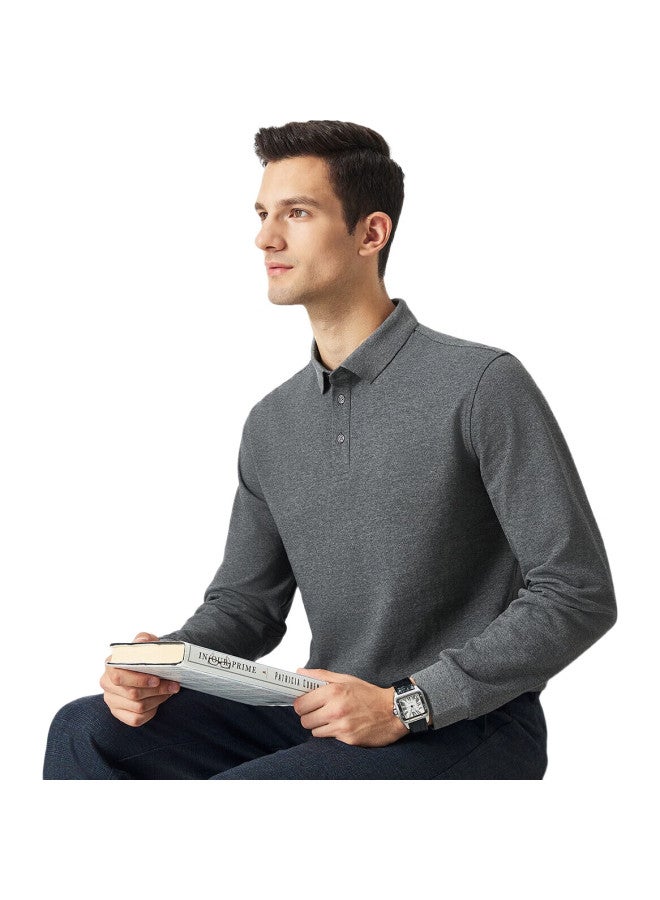 FIRS 100% Pure Cotton T-Shirt For Men, Long Sleeve, Spring And Autumn, Business Casual, Solid Color, Commuter Style, Turn-Down Collar, Smooth Embroidered Undershirt - Image 3