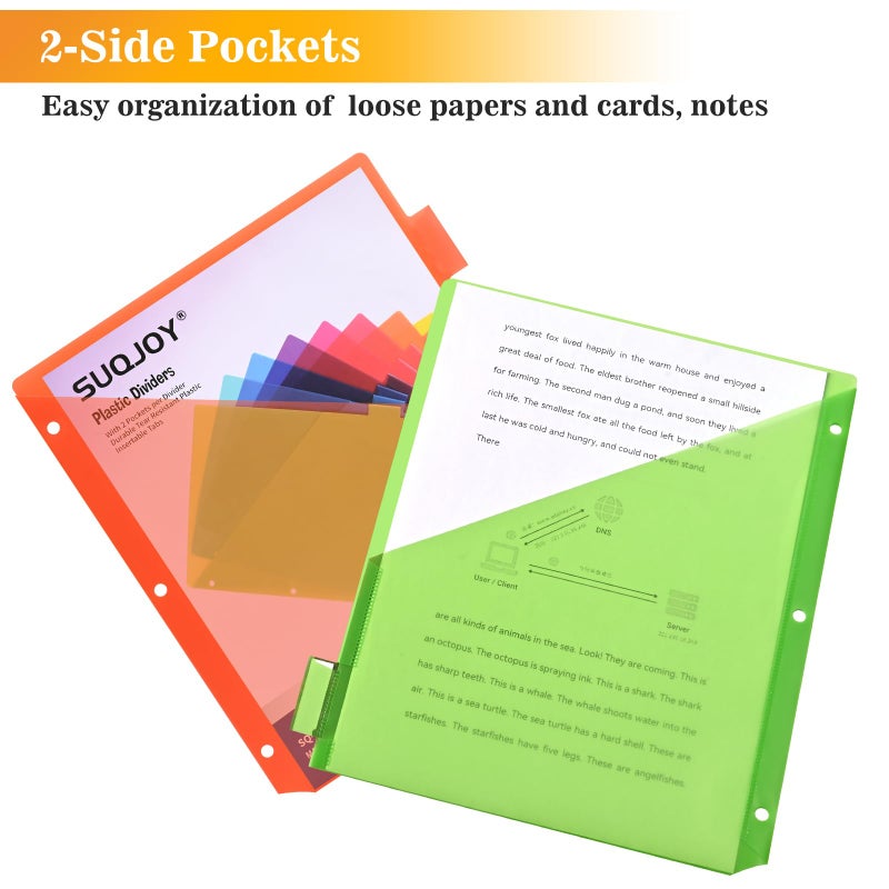 SUQJOY 8-Tab Dividers for 3 Ring Binder, 48 Count Binder Dividers with Pockets, Subject Dividers, 3-Hole Plastics Sheets Protectors for US Letter Size in 0.5", 1",2" Binders, Vibrant 8 Color, 6 Packs - Image 4