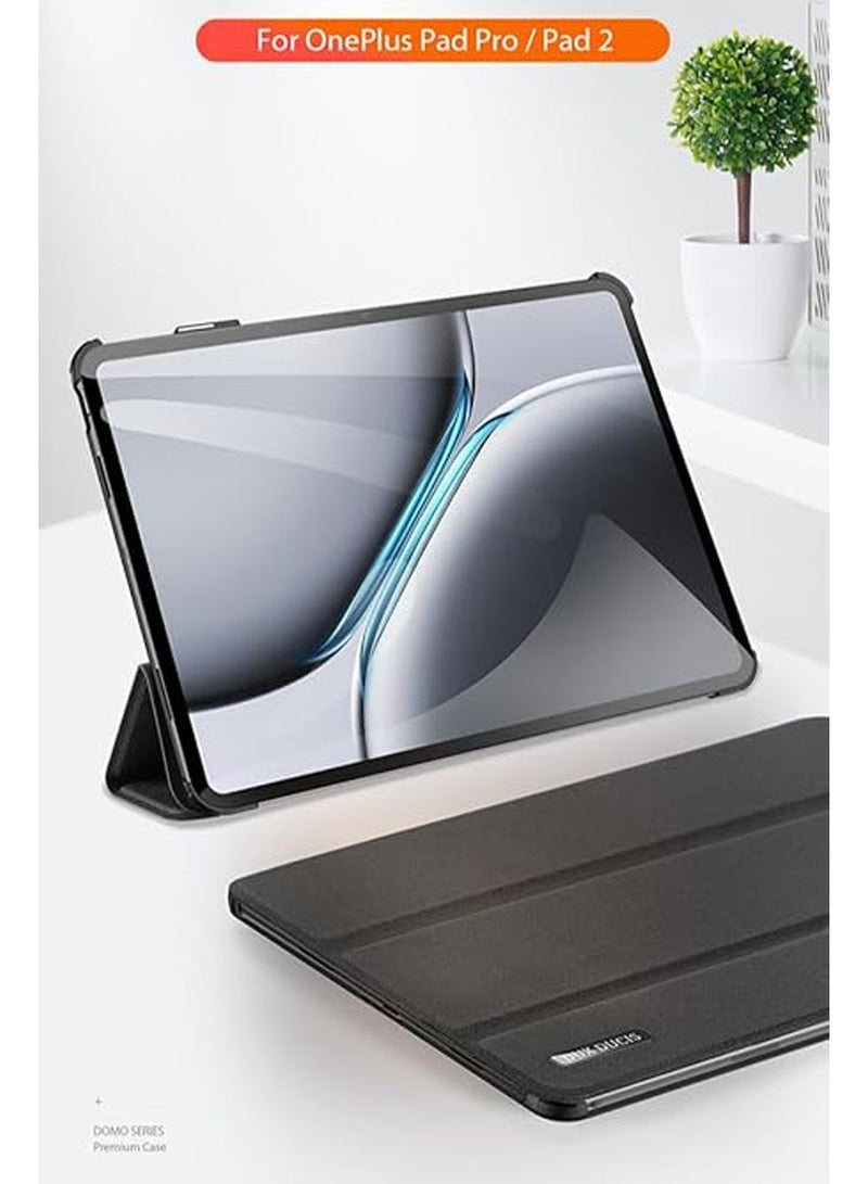 عام غطاء متوافق مع جهاز OnePlus Pad 2 بحجم 12.1 بوصة، الذي تم إصداره في عام 2024. الغطاء مصنوع من جلد PU الرفيع ويتميز بوظيفة الوقوف وحامل قابل للطي، ويحتوي على ميزة النوم/الاستيقاظ التلقائي. - Image 2