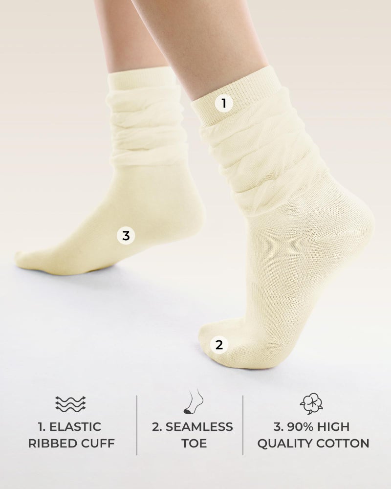 FITRELL Scrunch Crew Socks for Women, Pre-sewn Slouch Look Soft Cotton Mid Calf Retro Cute Socks 3 Pairs (Can't Straighten), Black+Beige+Olive Green, Medium-Large - Image 4