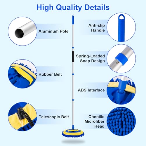 Ordenado 62" Car Wash Brush Kit Mitt Mop Sponge with Long Handle Chenille Microfiber Car Cleaning Brush Kit Supplies Car Washing Mop Kit Car Care Kit of Scratch-Free Replacement Head for Car RV Truck - Image 4