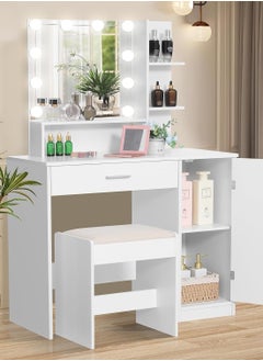 Sharpdo Bedroom Makeup Dressing Table with 1 Drawer, 1 Cabinet and 2 Separate Storage Shelves, 3 Lighting Modes and Adjustable Brightness 90*40*137CM (Does Not Include Dressing Stool)  - Image 1