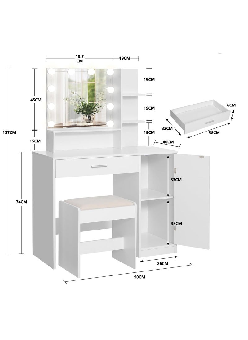 Sharpdo - Bedroom Makeup Dressing Table with 1 Drawer, 1 Cabinet and 2 Separate Storage Shelves, 3 Lighting Modes and Adjustable Brightness 90*40*137CM (Does Not Include Dressing Stool) - Image 1