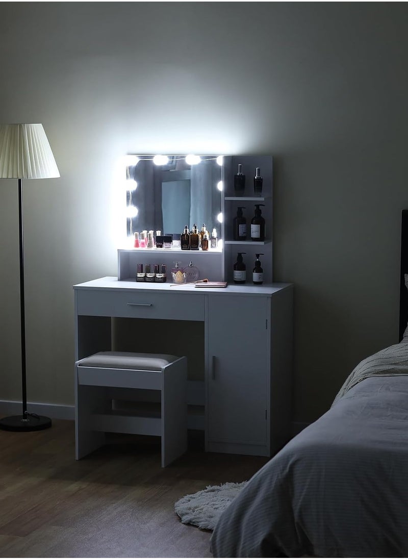 Sharpdo - Bedroom Makeup Dressing Table with 1 Drawer, 1 Cabinet and 2 Separate Storage Shelves, 3 Lighting Modes and Adjustable Brightness 90*40*137CM (Does Not Include Dressing Stool) - Image 1