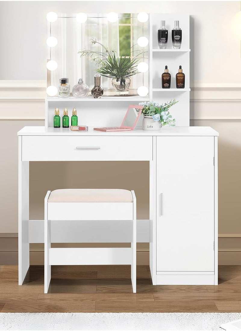 Sharpdo Bedroom Makeup Dressing Table with 1 Drawer, 1 Cabinet and 2 Separate Storage Shelves, 3 Lighting Modes and Adjustable Brightness 90*40*137CM (Does Not Include Dressing Stool)  - Image 2
