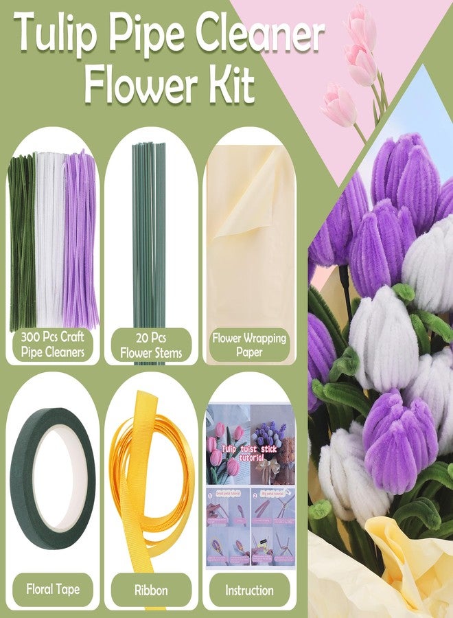 Huiguli 300 Pieces Pipe Cleaners Flower Kit, 3 Color Pipe Cleaners Crafts Bulk for DIY Tulip Bouquet, 11.8 inch Chenille Stems Flower Making Kit with Floral Tape and Stems - Image 3