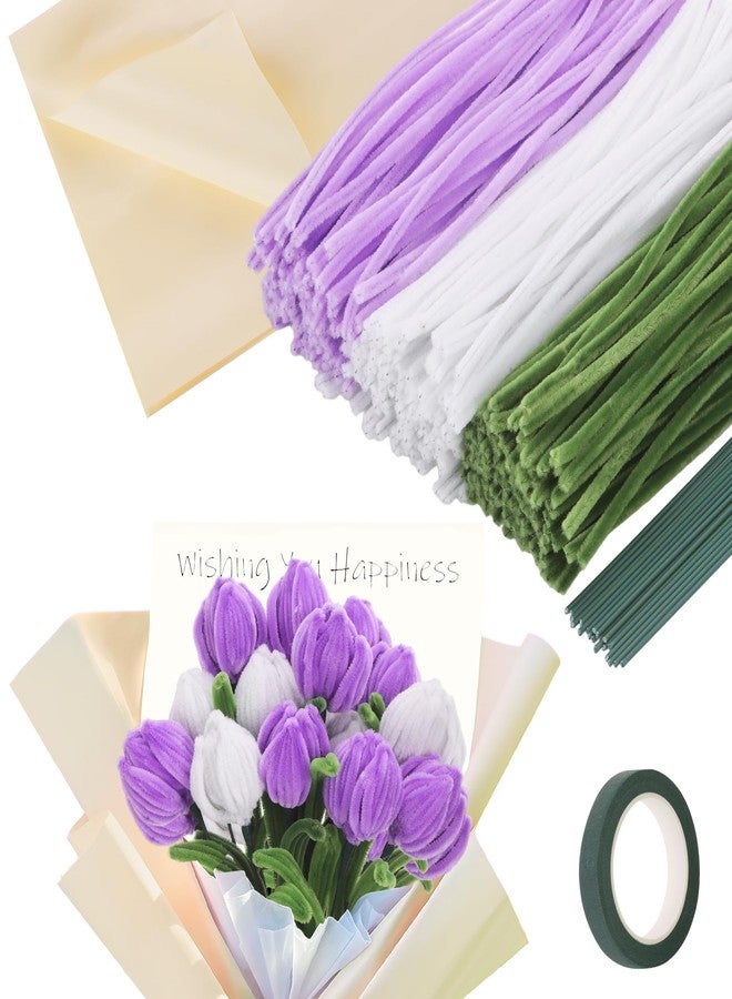 Huiguli 300 Pieces Pipe Cleaners Flower Kit, 3 Color Pipe Cleaners Crafts Bulk for DIY Tulip Bouquet, 11.8 inch Chenille Stems Flower Making Kit with Floral Tape and Stems - Image 1
