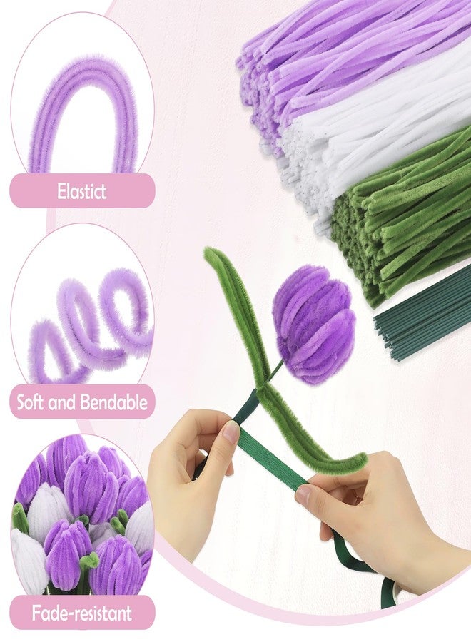 Huiguli 300 Pieces Pipe Cleaners Flower Kit, 3 Color Pipe Cleaners Crafts Bulk for DIY Tulip Bouquet, 11.8 inch Chenille Stems Flower Making Kit with Floral Tape and Stems - Image 4