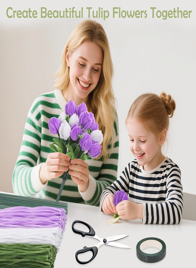 Huiguli 300 Pieces Pipe Cleaners Flower Kit, 3 Color Pipe Cleaners Crafts Bulk for DIY Tulip Bouquet, 11.8 inch Chenille Stems Flower Making Kit with Floral Tape and Stems - Image 5