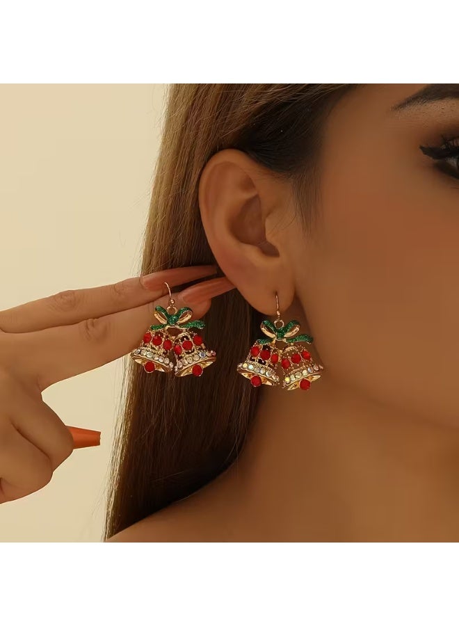 FOLAI Christmas Bell Earrings – Red & Green Rhinestone Bow, Holiday Gift for Women, Party & Festival Jewelry - Image 1
