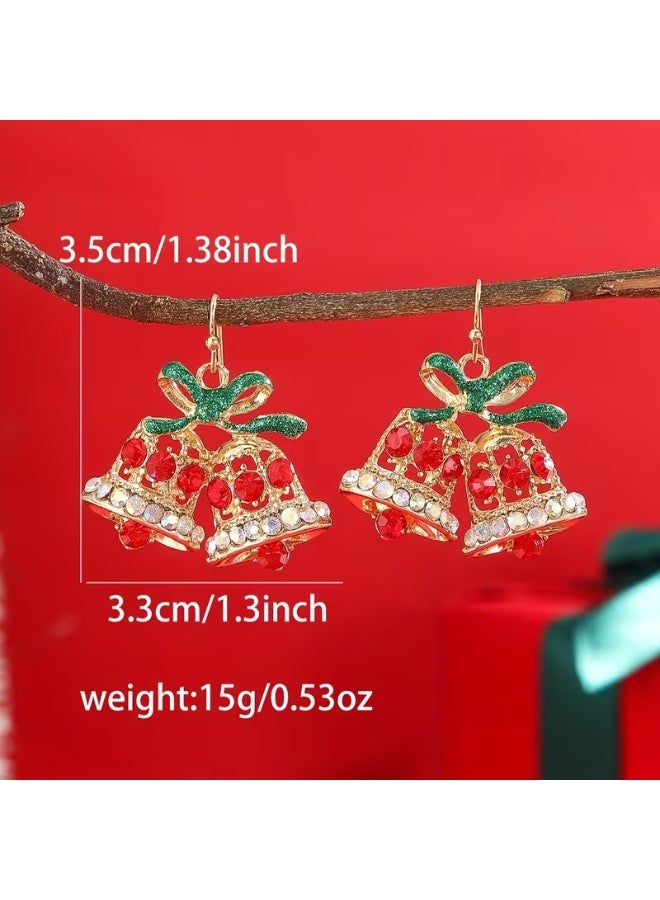 FOLAI Christmas Bell Earrings – Red & Green Rhinestone Bow, Holiday Gift for Women, Party & Festival Jewelry - Image 3