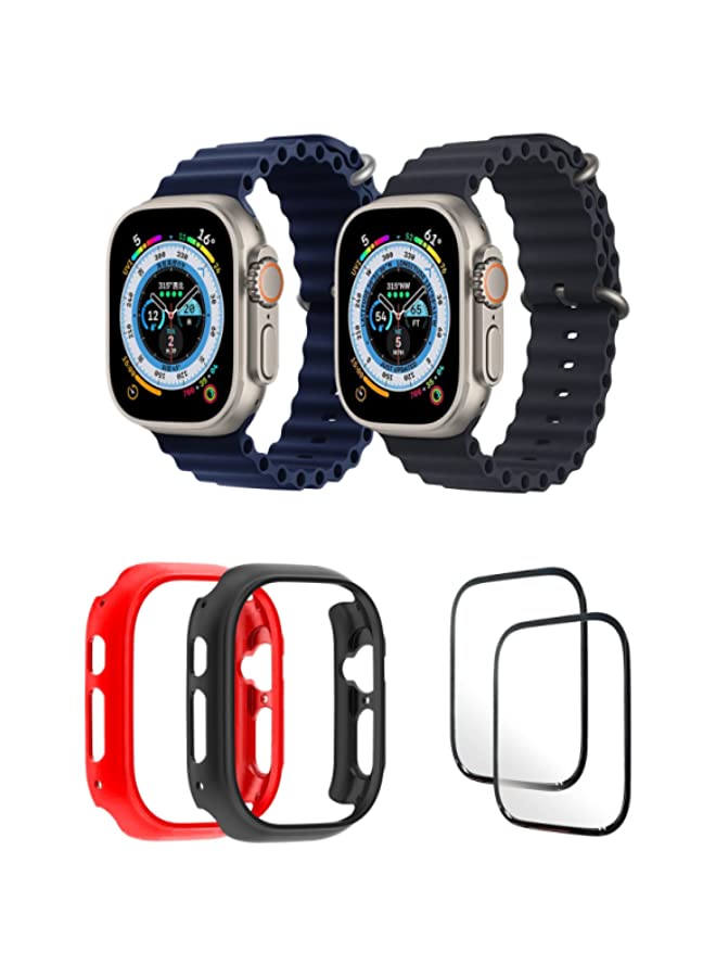 IAF Silicone Ocean Band Strap for Apple Watch Ultra 8 49mm Dark Blue/Black , Case Compatible with Apple Watch Ultra 49mm Red/Black , 2* pcs Watch glass Set of 6