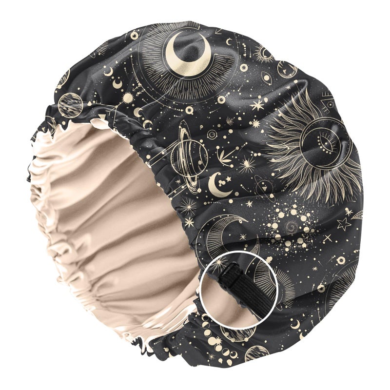 BHAHB Silk Feeling Satin Bonnet for Sleeping Double Layer Elastic Adjustable Hair Caps Reusable Cute Aesthetic for Women Girls-Moon - Image 1