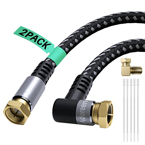 Adoreen Coaxial Cable 4 ft-2 Pack-Right Angle Quad Shielded 90 Degree RG6 Coax Cable Cord, Male F Gold-Plated Nylon-Braided, in-Wall, Digital TV Aerial AV with Angled Male to Female Adapter+15 Ties - Image 1