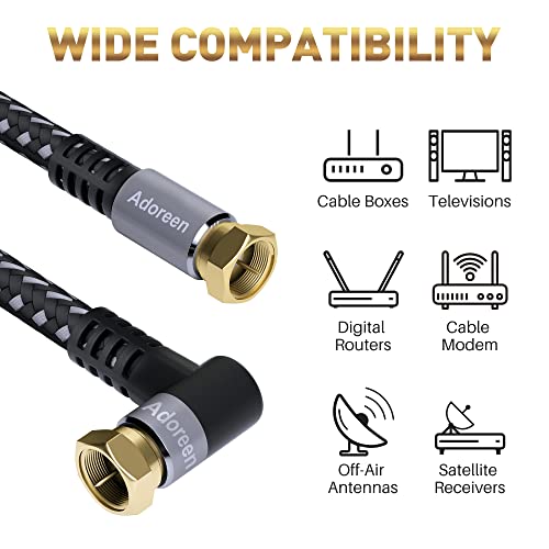 Adoreen Coaxial Cable 4 ft-2 Pack-Right Angle Quad Shielded 90 Degree RG6 Coax Cable Cord, Male F Gold-Plated Nylon-Braided, in-Wall, Digital TV Aerial AV with Angled Male to Female Adapter+15 Ties - Image 5