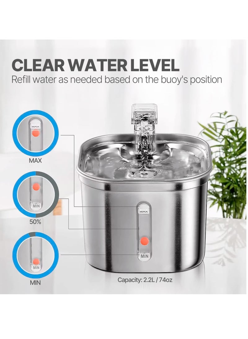 FO5 Pet Water Fountain Stainless Steel,74oz/2.2L Automatic Water Dispenser with Water Level, Replacement Filter Kit and Silicone Mat Suitable for Cat, Dogs - Image 4