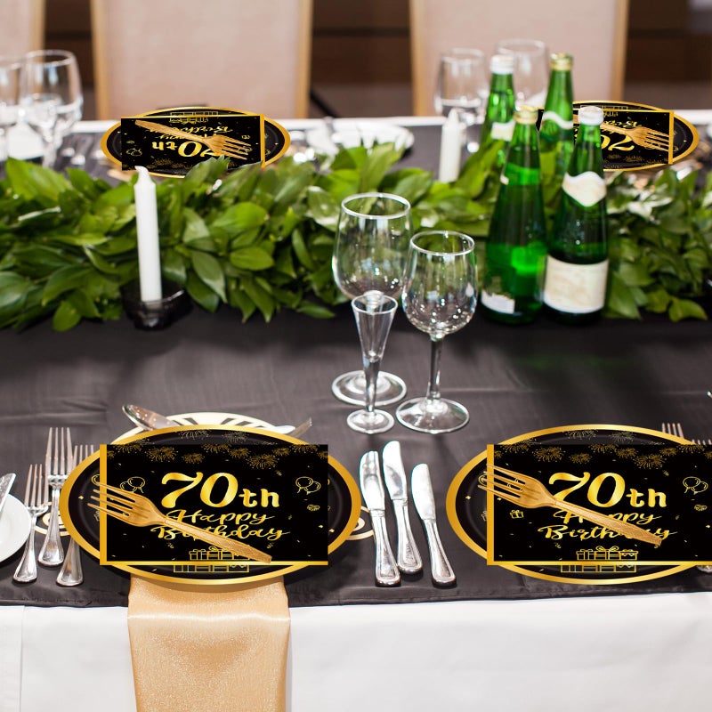LDFDRT 60pcs 70th Birthday Party Paper Plates and Napkins Forks Black Gold Dessert Cake Plates Party Decorations Supplies Serves 20 Guest - Image 5