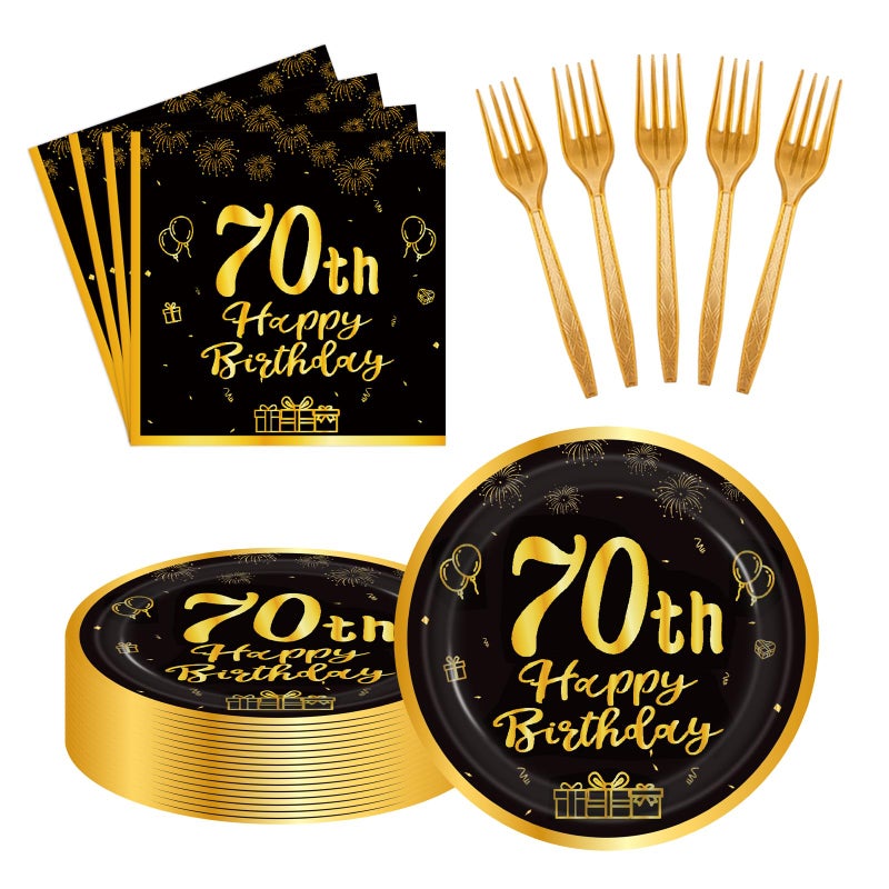 LDFDRT 60pcs 70th Birthday Party Paper Plates and Napkins Forks Black Gold Dessert Cake Plates Party Decorations Supplies Serves 20 Guest - Image 1