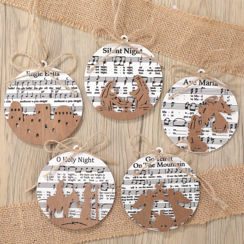Shellwei 24 Pcs Christmas Nativity Story Wooden Ornaments Set Bulk Christian Music Sheet Nativity Ornament Nativity Scene Hanging Ornaments Xmas Tree Ornaments Religious Gift for Family(Stylish) - Image 1