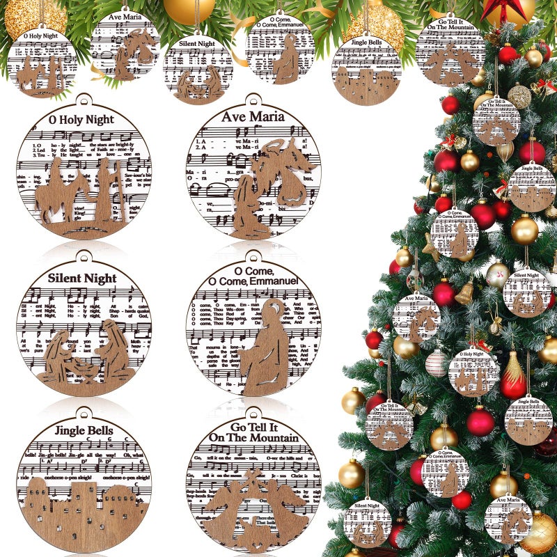 Shellwei 24 Pcs Christmas Nativity Story Wooden Ornaments Set Bulk Christian Music Sheet Nativity Ornament Nativity Scene Hanging Ornaments Xmas Tree Ornaments Religious Gift for Family(Stylish) - Image 5