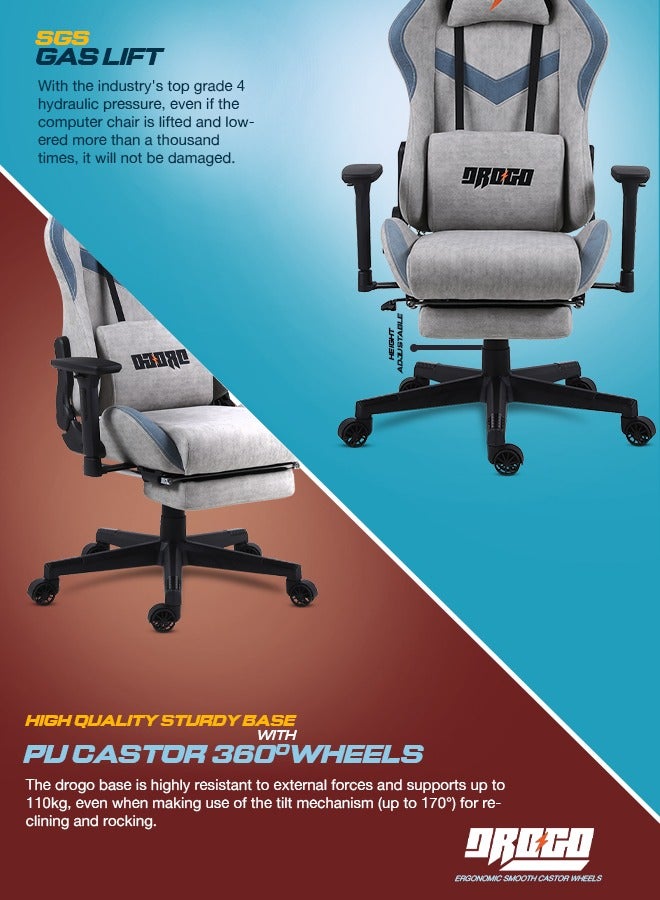 DROGO Ergonomic Gaming Chair with 7 Way adjustable Seat 3D Armrest Fabric Material Desk Chair Head USB Massager Lumbar Pillow Video Games Chair Home Office Chair with Full Recliner Back Footrest Grey - Image 2