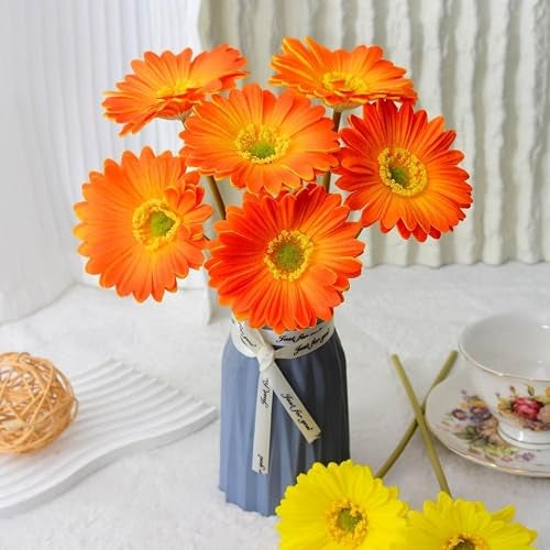 CURATED CART Gerbera Daisy Flowers - Pack of 5 Orange Faux Blooms, 30cm Tall | Real Touch PU Petals with Bendable Green Stems | Artificial Flower Bouquet for Home, Kitchen, Office (Orange) (No Vase) - Image 1