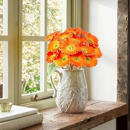CURATED CART Gerbera Daisy Flowers - Pack of 5 Orange Faux Blooms, 30cm Tall | Real Touch PU Petals with Bendable Green Stems | Artificial Flower Bouquet for Home, Kitchen, Office (Orange) (No Vase) - Image 4
