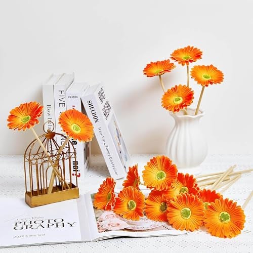 CURATED CART Gerbera Daisy Flowers - Pack of 5 Orange Faux Blooms, 30cm Tall | Real Touch PU Petals with Bendable Green Stems | Artificial Flower Bouquet for Home, Kitchen, Office (Orange) (No Vase) - Image 5