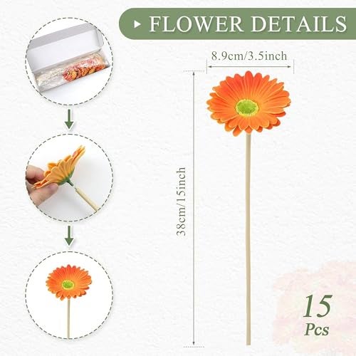 CURATED CART Gerbera Daisy Flowers - Pack of 5 Orange Faux Blooms, 30cm Tall | Real Touch PU Petals with Bendable Green Stems | Artificial Flower Bouquet for Home, Kitchen, Office (Orange) (No Vase) - Image 2