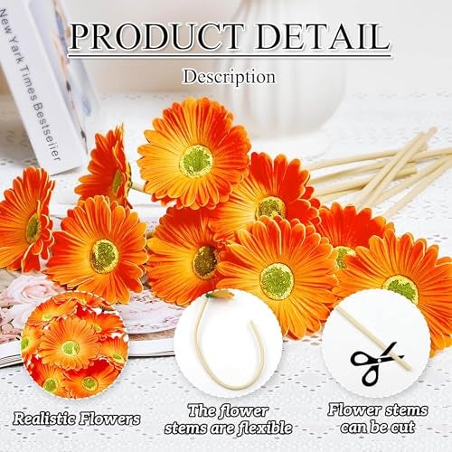 CURATED CART Gerbera Daisy Flowers - Pack of 5 Orange Faux Blooms, 30cm Tall | Real Touch PU Petals with Bendable Green Stems | Artificial Flower Bouquet for Home, Kitchen, Office (Orange) (No Vase) - Image 3