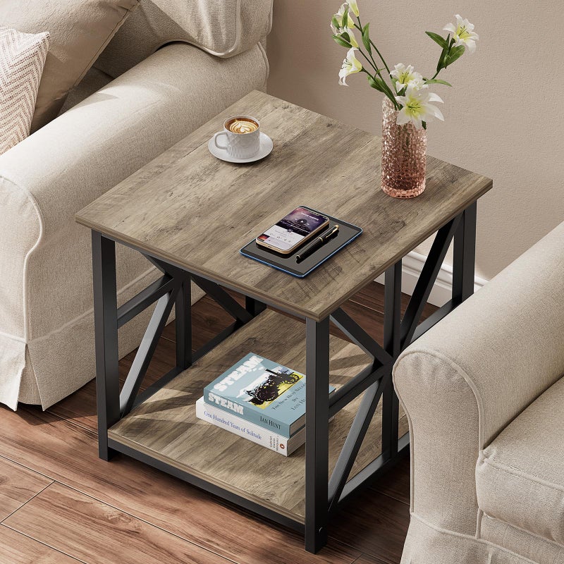 GreenForest End Table with 2-Tier Storage Shelf, 24 inch Large Side Table for Living Room,Modern Nightstand for Bedroom Bedside Office Farmhouse, Grey Wash - Image 3